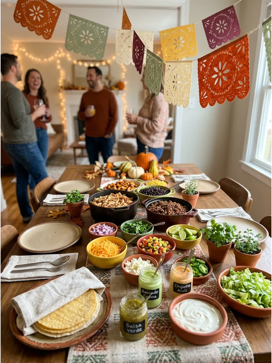 Friendsgiving Taco Bar. Create a build-your-own taco station with several fillings, toppings, sauces, and sides. Use warm fall colors and festive papel picado-inspired decorations