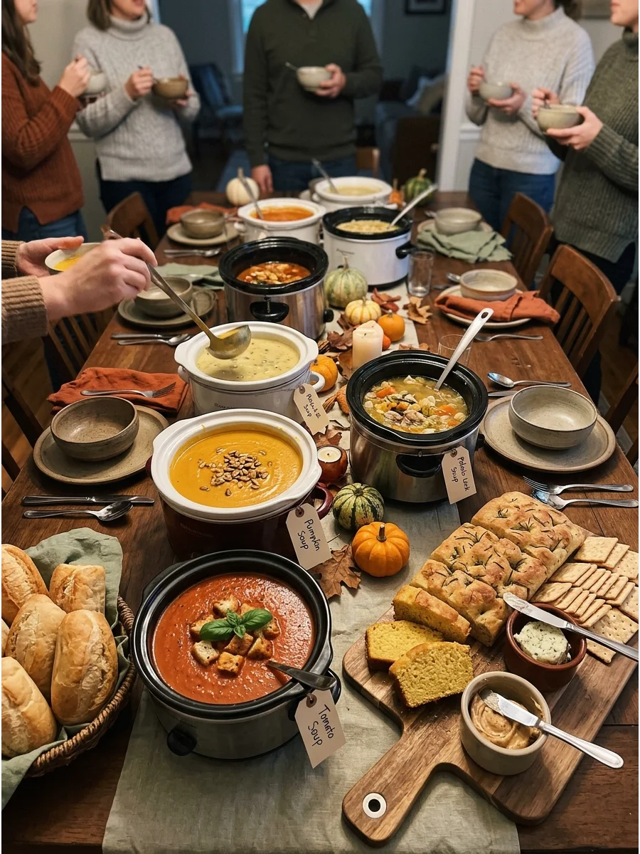 Friendsgiving Soup Party. Serve several comforting soups such as pumpkin, tomato, chicken, and potato. Add a bread bar with rolls, focaccia, cornbread, crackers, and flavored butte