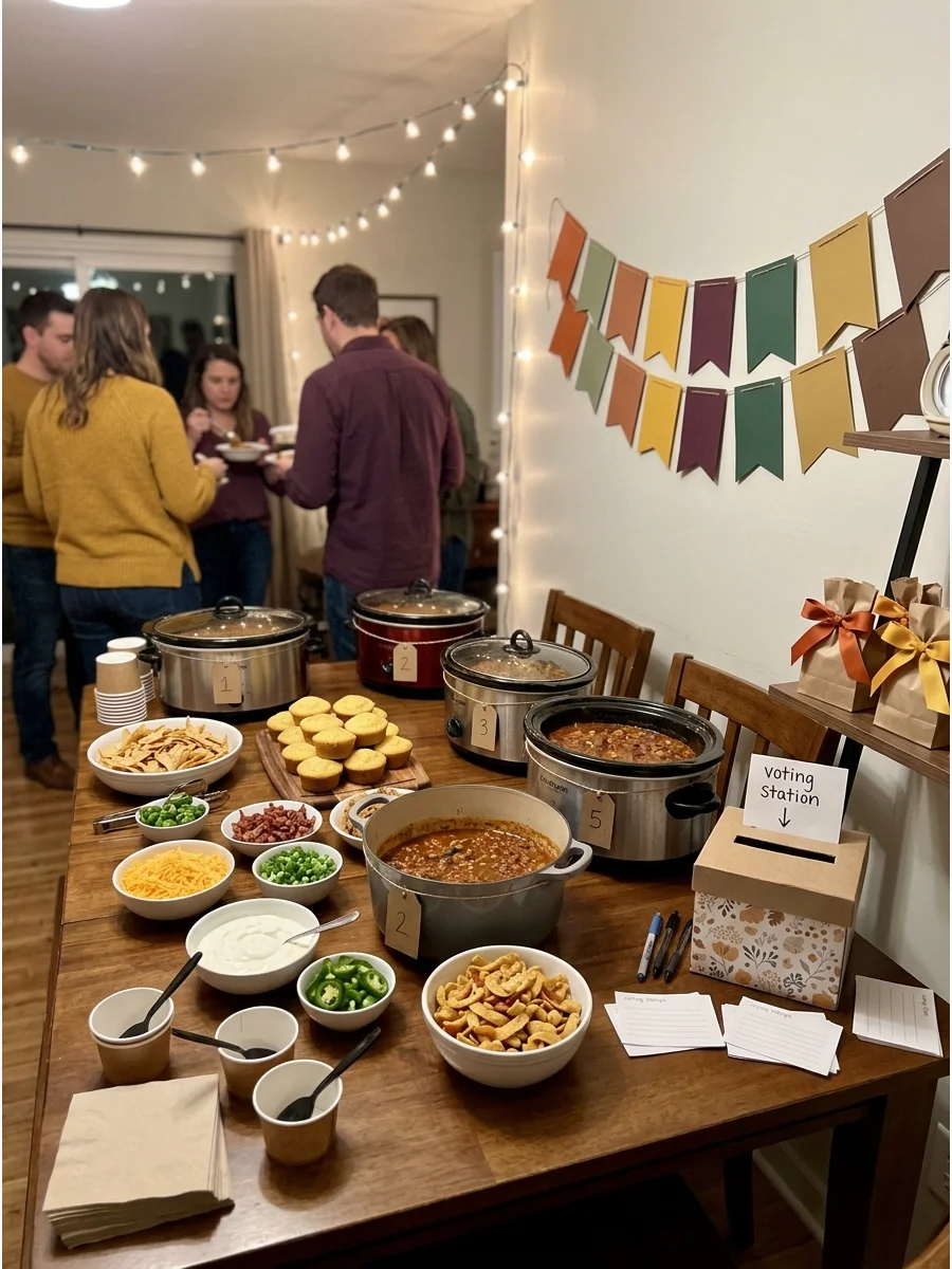 Friendsgiving Chili Cook-Off. Ask several guests to prepare different chili recipes and let everyone vote for a favorite. Provide toppings, cornbread, baked potatoes, and small pri