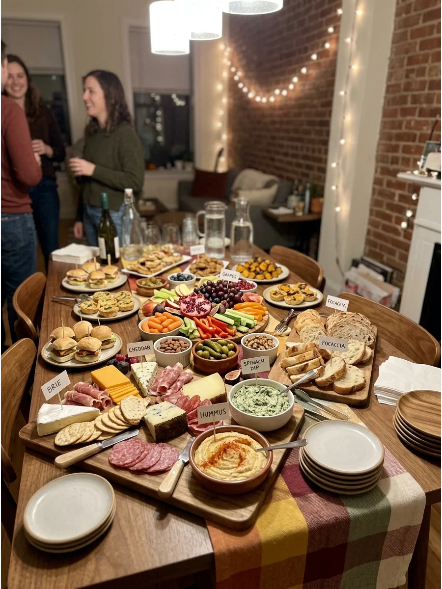 Friendsgiving Grazing Table. Cover a large table with cheeses, breads, fruits, vegetables, dips, sandwiches, and small seasonal dishes. Add labels and serving utensils so guests ca