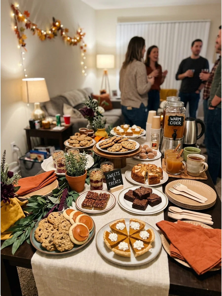 Friendsgiving Dessert Party. Host the celebration after dinner and focus on pies, cakes, cookies, brownies, and warm drinks. Create a dessert buffet with small portions so guests c