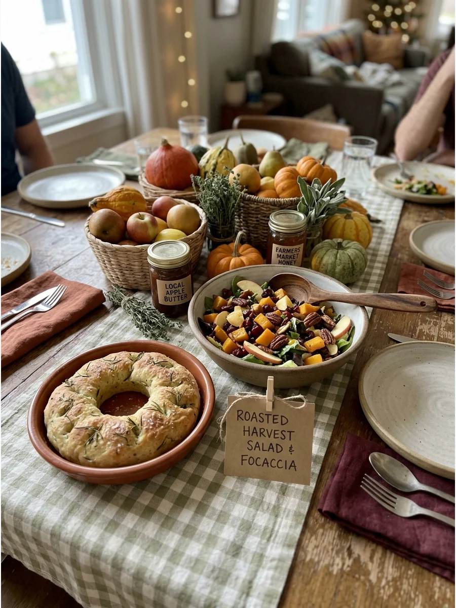 Farmers Market Friendsgiving. Decorate with baskets, wooden crates, seasonal produce, gingham linens, and handwritten signs. Build the menu around locally inspired vegetables, frui