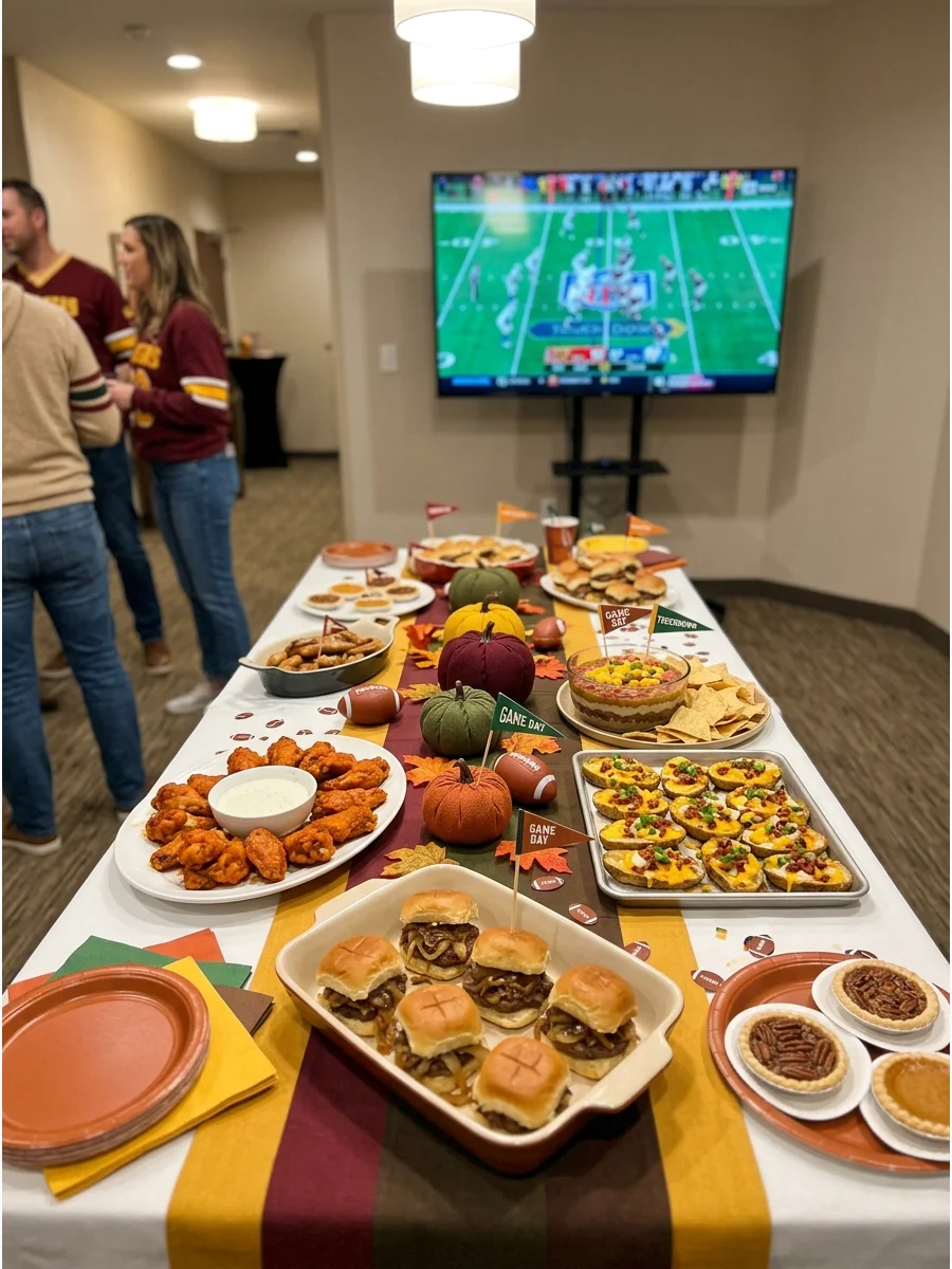 Friendsgiving Tailgate Party. Combine Friendsgiving dinner with a football viewing party. Serve wings, sliders, loaded potato skins, dips, and miniature pies in a casual buffet set