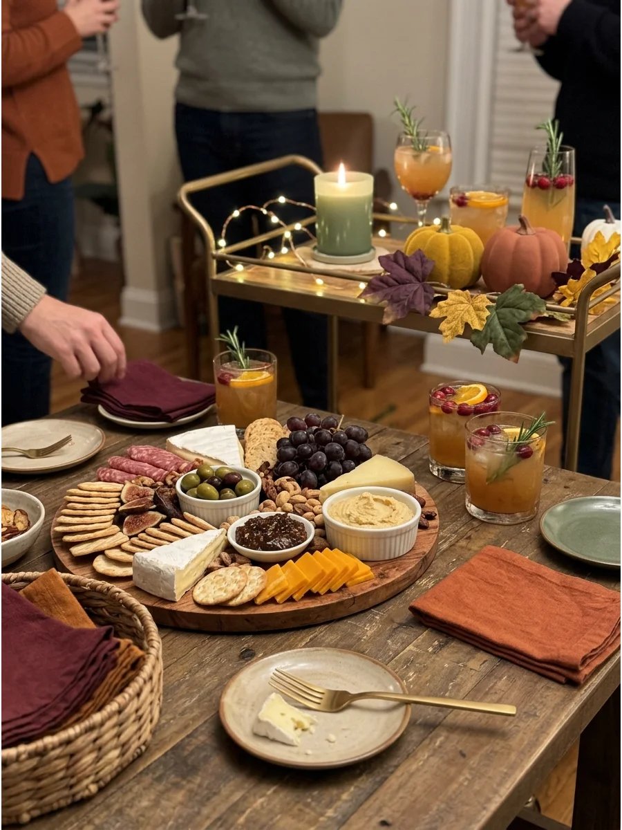 Friendsgiving Happy Hour. Host an early-evening gathering with appetizers, grazing boards, seasonal mocktails, and small desserts. Use bar-cart decorations, candles, and comfortabl