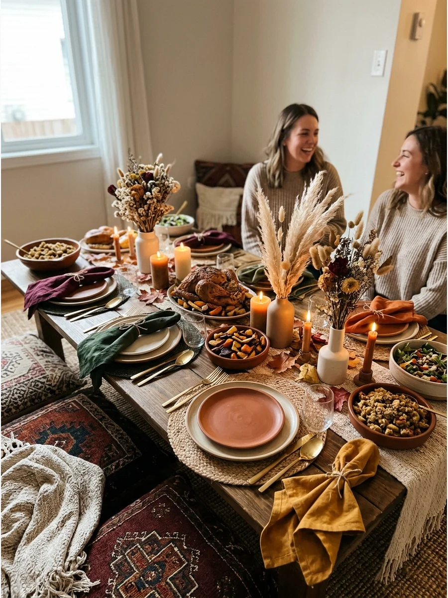 Boho Friendsgiving Dinner. Decorate with pampas grass, woven placemats, terracotta details, floor cushions, and warm earth tones. Mix dried flowers with candles to create a relaxed