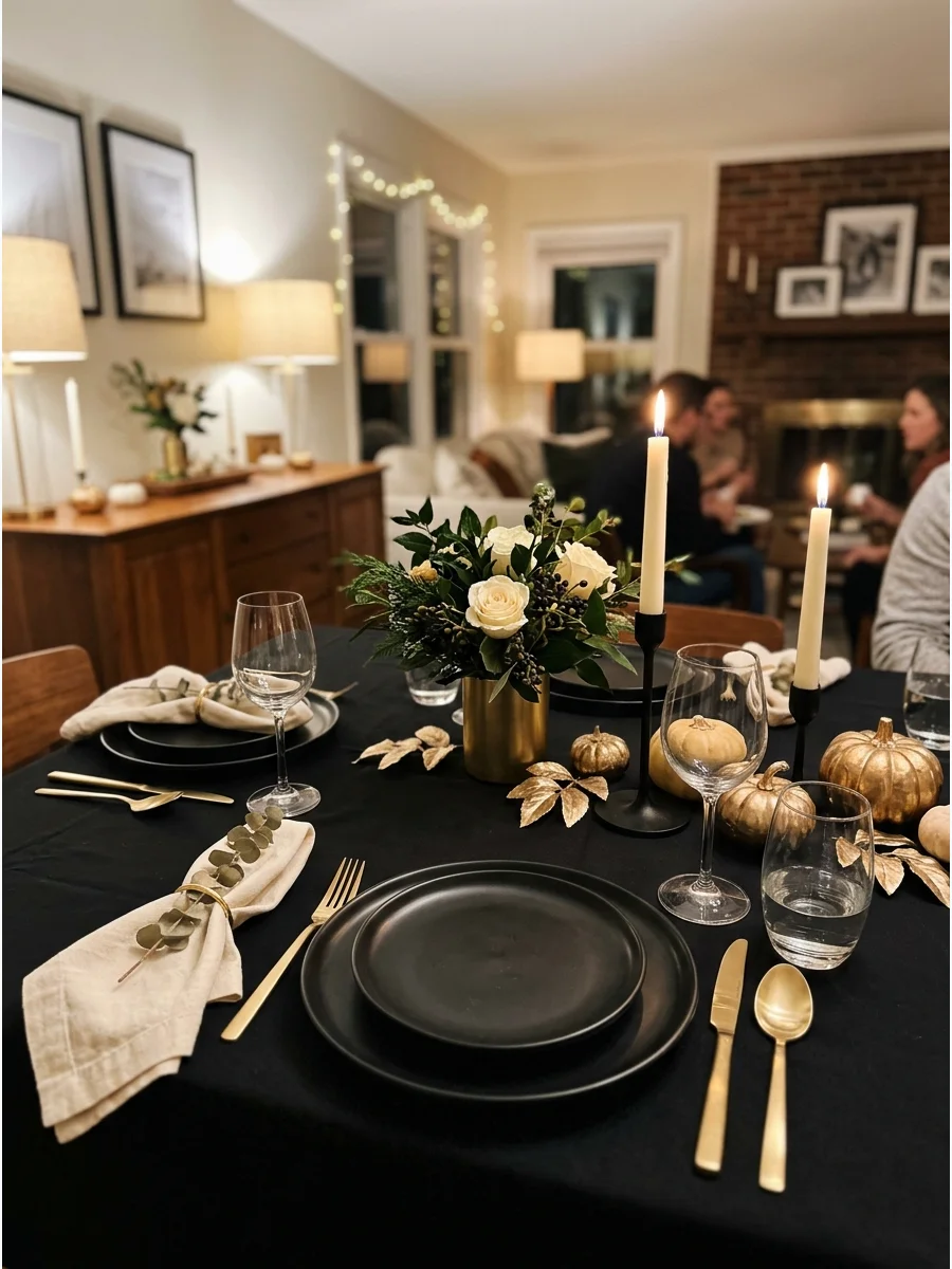 Elegant Black and Gold Friendsgiving. Pair black tableware with gold flatware, cream candles, and metallic decorations. Keep the floral arrangements simple so the dramatic color pa
