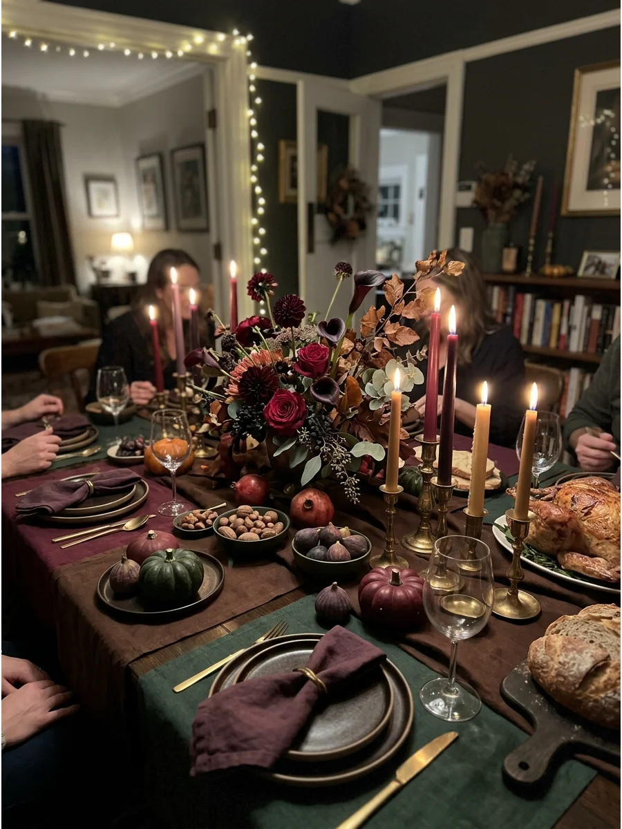 Moody Autumn Friendsgiving. Use deep burgundy, plum, forest green, chocolate brown, and black. Add dark flowers, brass candleholders, and low lighting for a dramatic dinner-party a