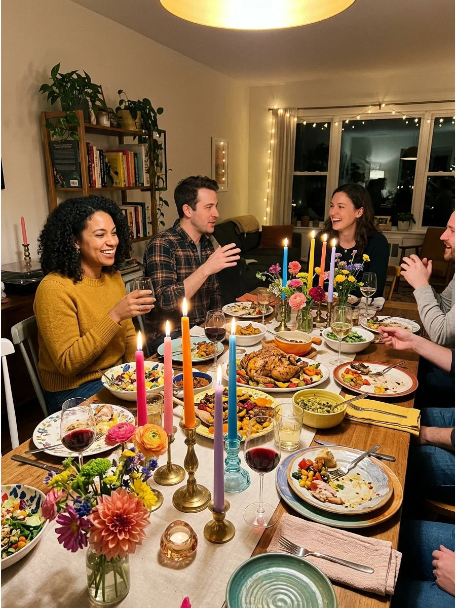 Colorful Friendsgiving Party. Replace traditional brown decorations with pink, orange, yellow, blue, and purple. Use bright taper candles, playful flowers, and mismatched plates fo