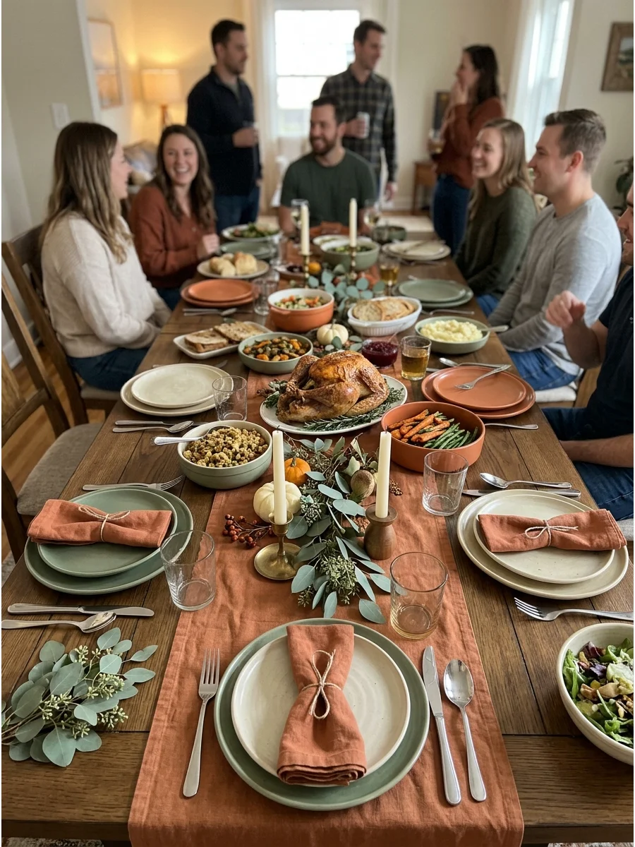 Terracotta and Sage Friendsgiving. Build the party around terracotta orange, sage green, cream, and natural wood. Eucalyptus, linen napkins, and simple ceramic dishes give the tabl