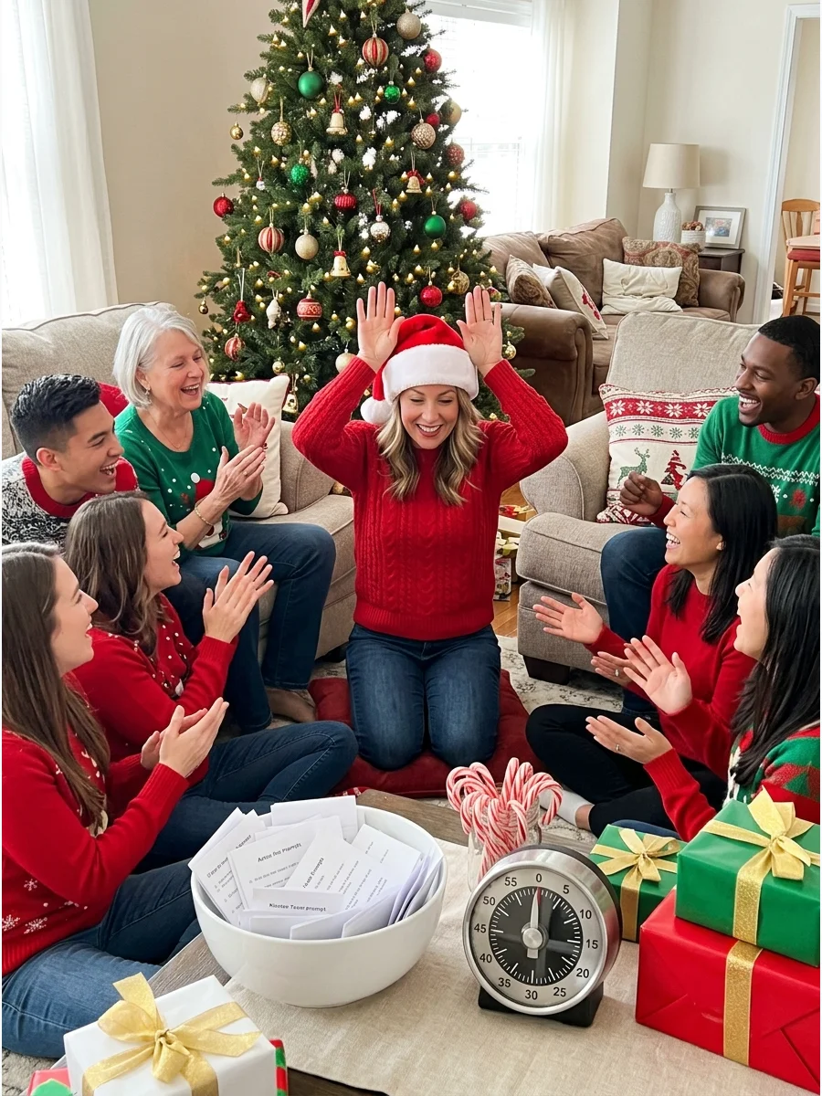 Friends playing charades in a decorated living room.