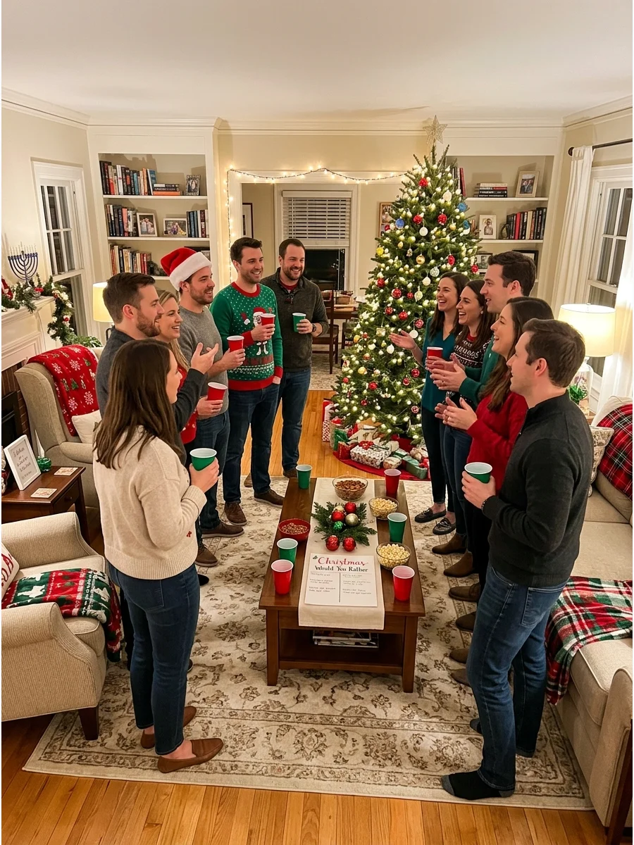 Guests standing on different sides of a living room.