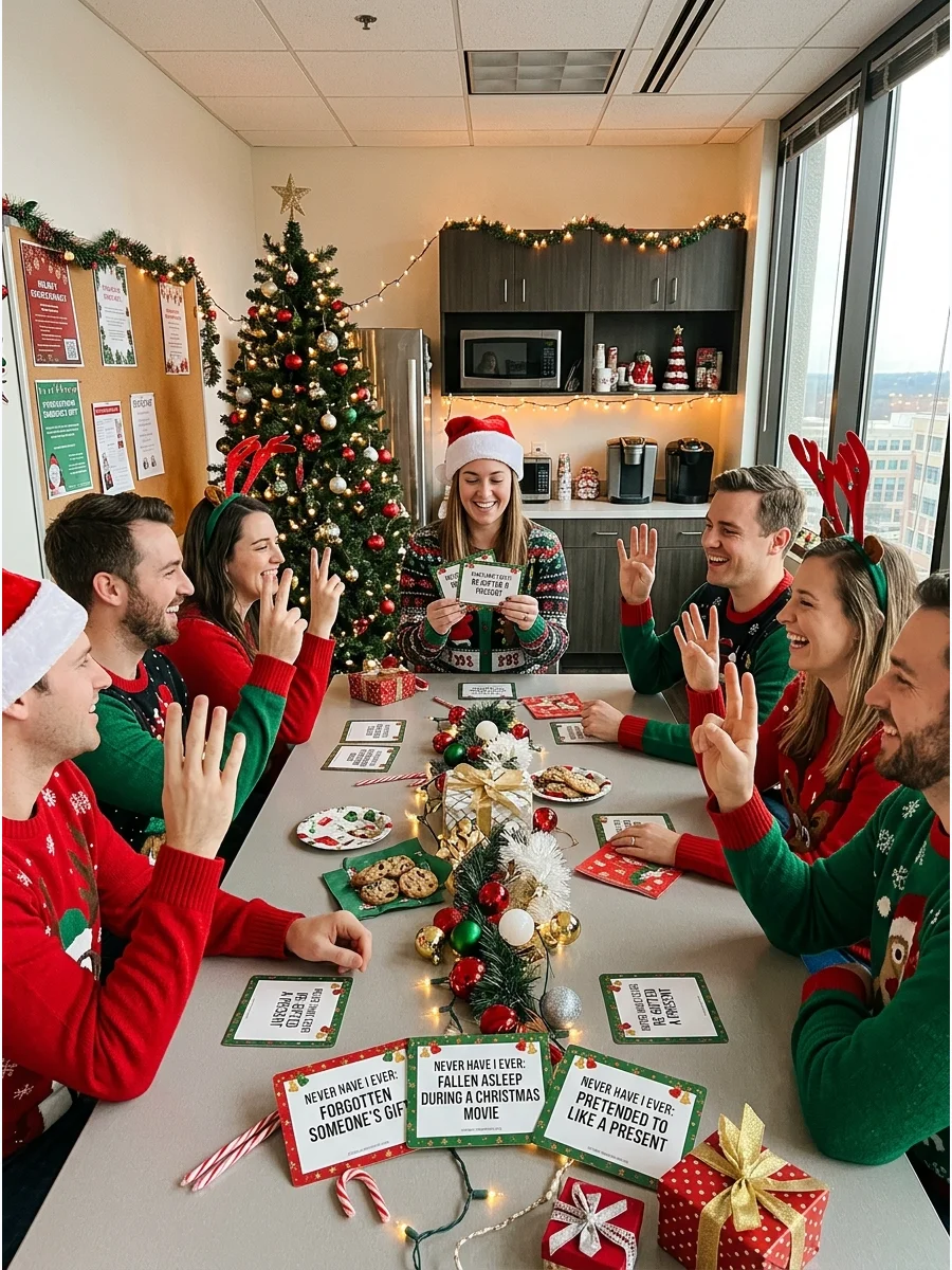Coworkers playing a game in an office breakroom.