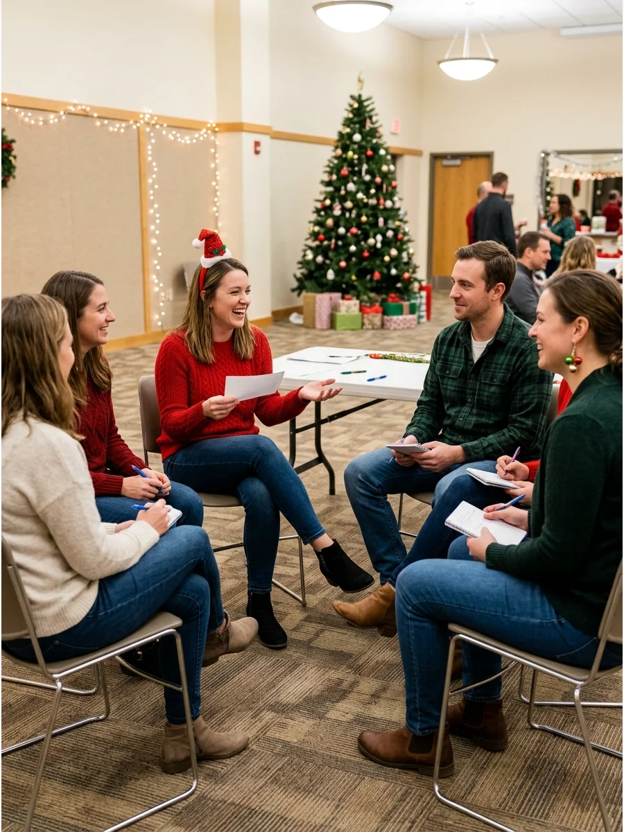People sitting in a circle in a community center.