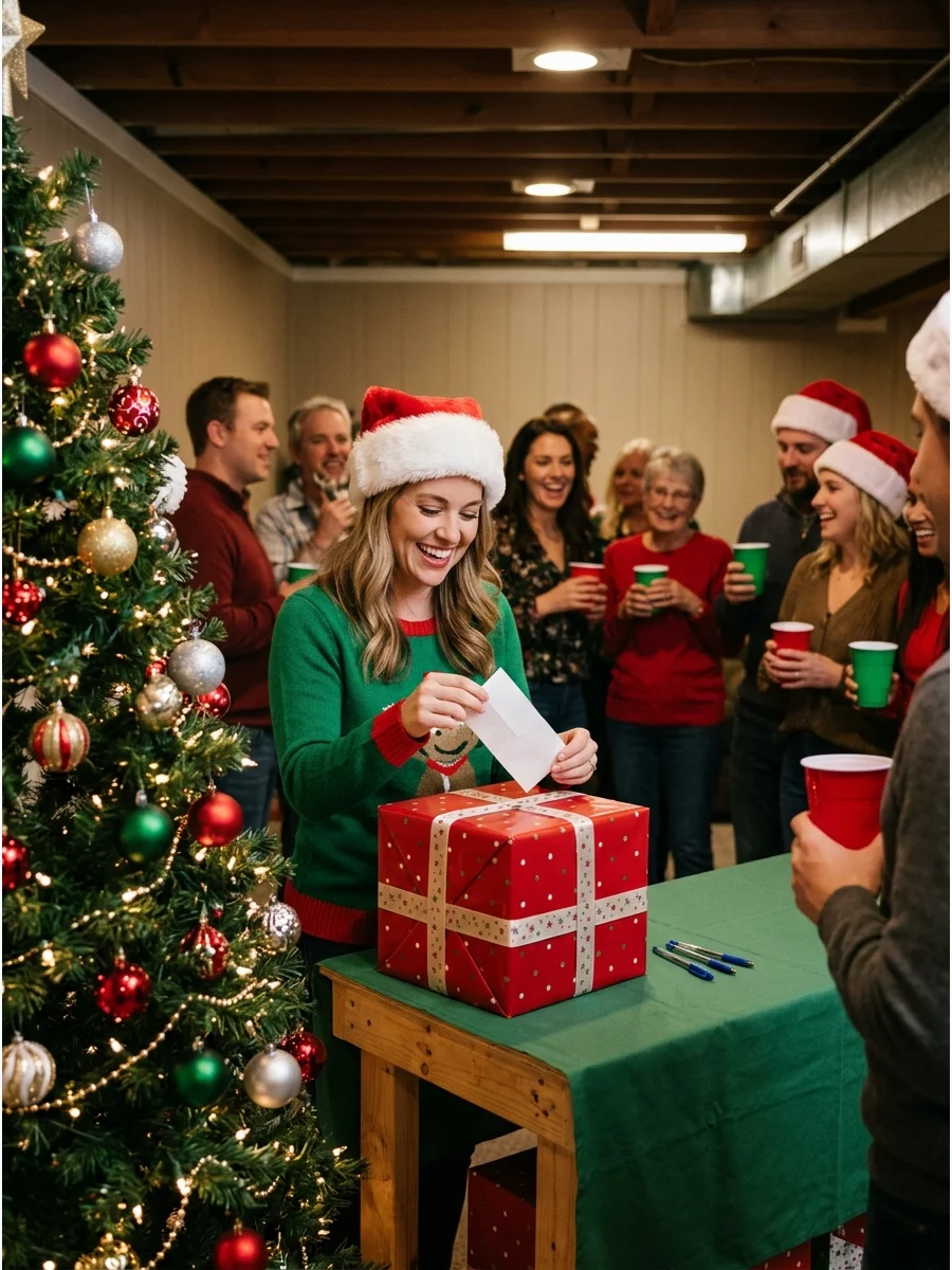 A host pulling a slip of paper from a red box.