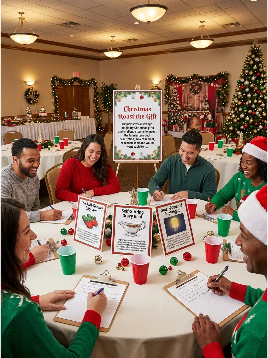 People writing on clipboards at tables in a banquet hall.