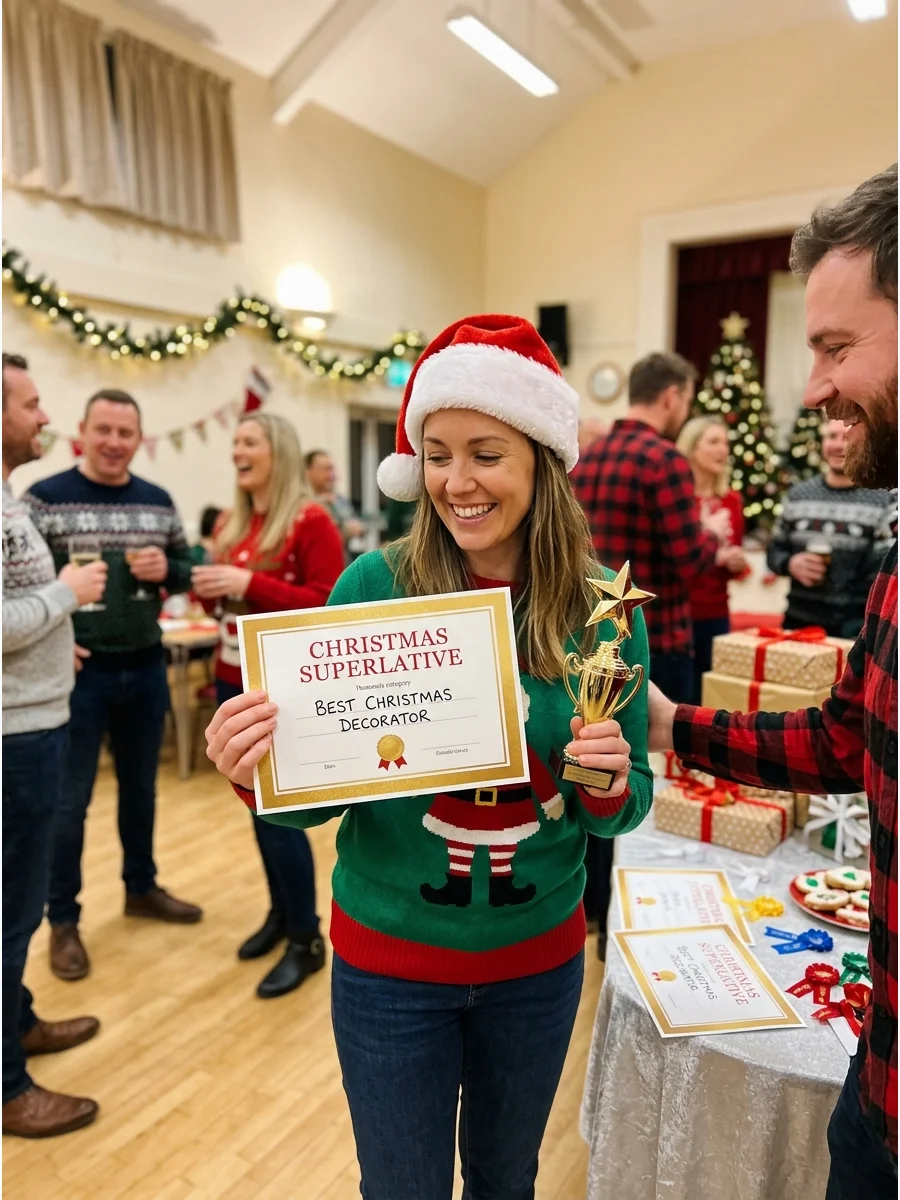 A woman holding a holiday award certificate.