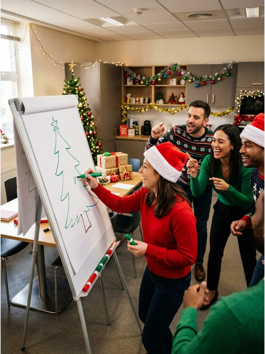 A coworker drawing on a whiteboard during an office holiday party.