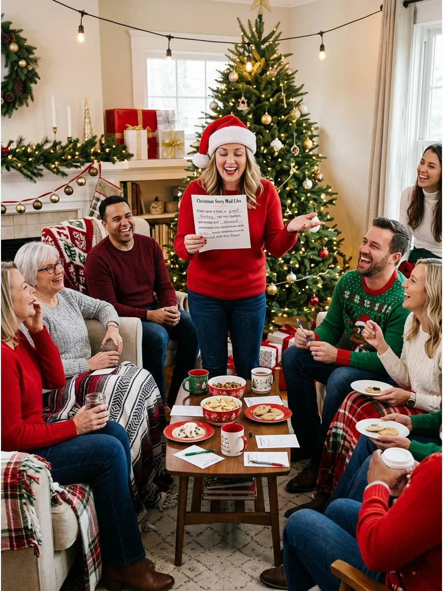 A person reading a story to a group in a living room.
