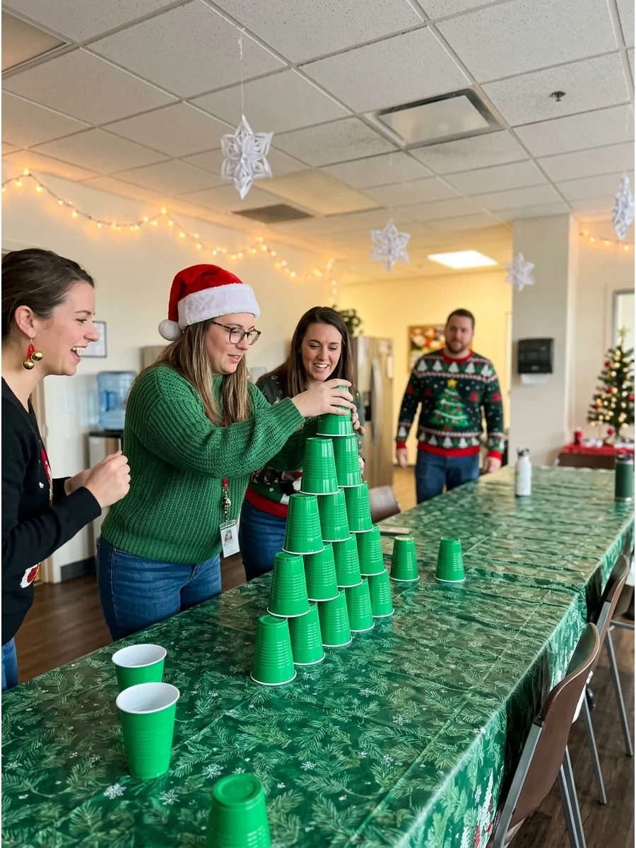 A pyramid of green plastic cups arranged like a Christmas tree on a table.