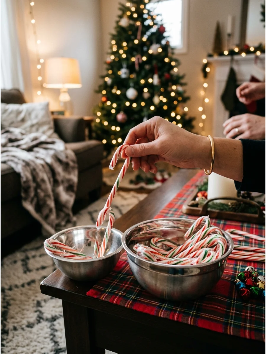 of a hand holding a candy cane to hook and lift another candy cane.