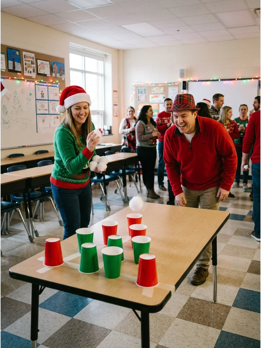 White pom-poms being tossed into red plastic cups on a wooden surface.