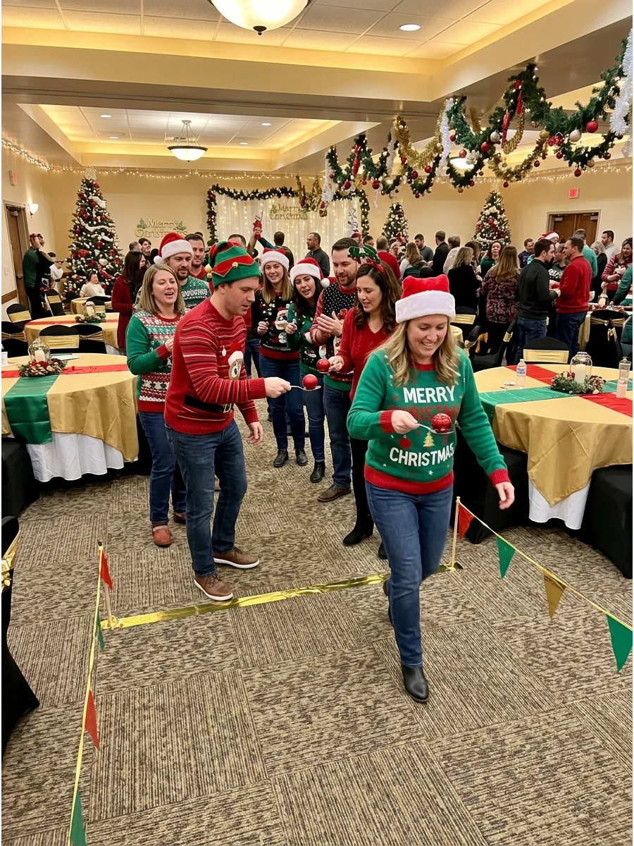 People racing while balancing red ornaments on silver spoons.