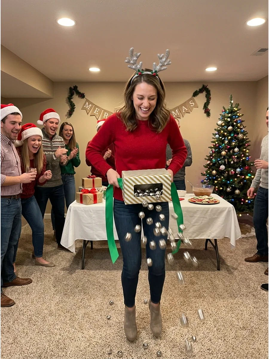 A person shaking their hips to get jingle bells out of a tissue box tied to their waist.