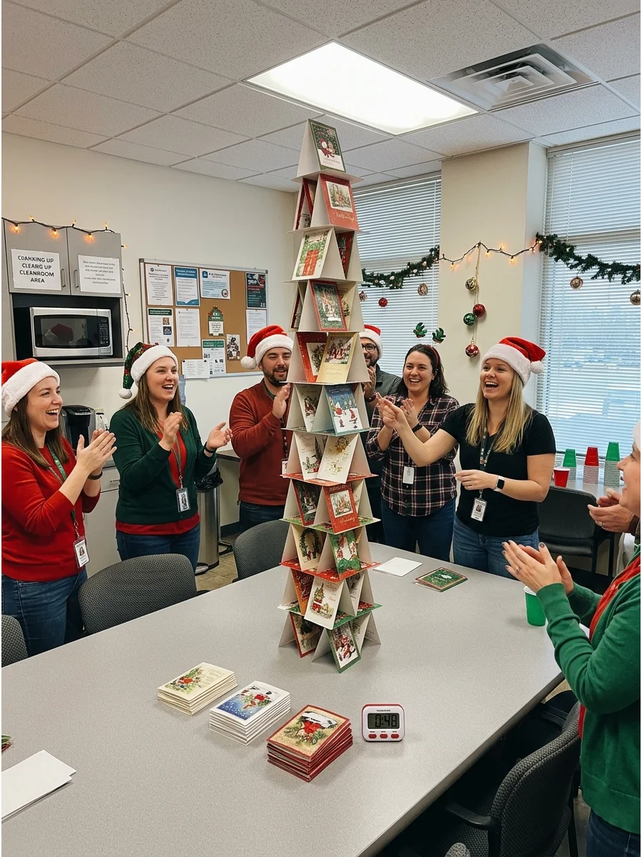 A tall structure built from folded holiday greeting cards.