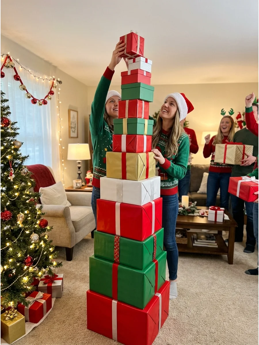A tall tower of wrapped Christmas presents stacked near a decorated tree.