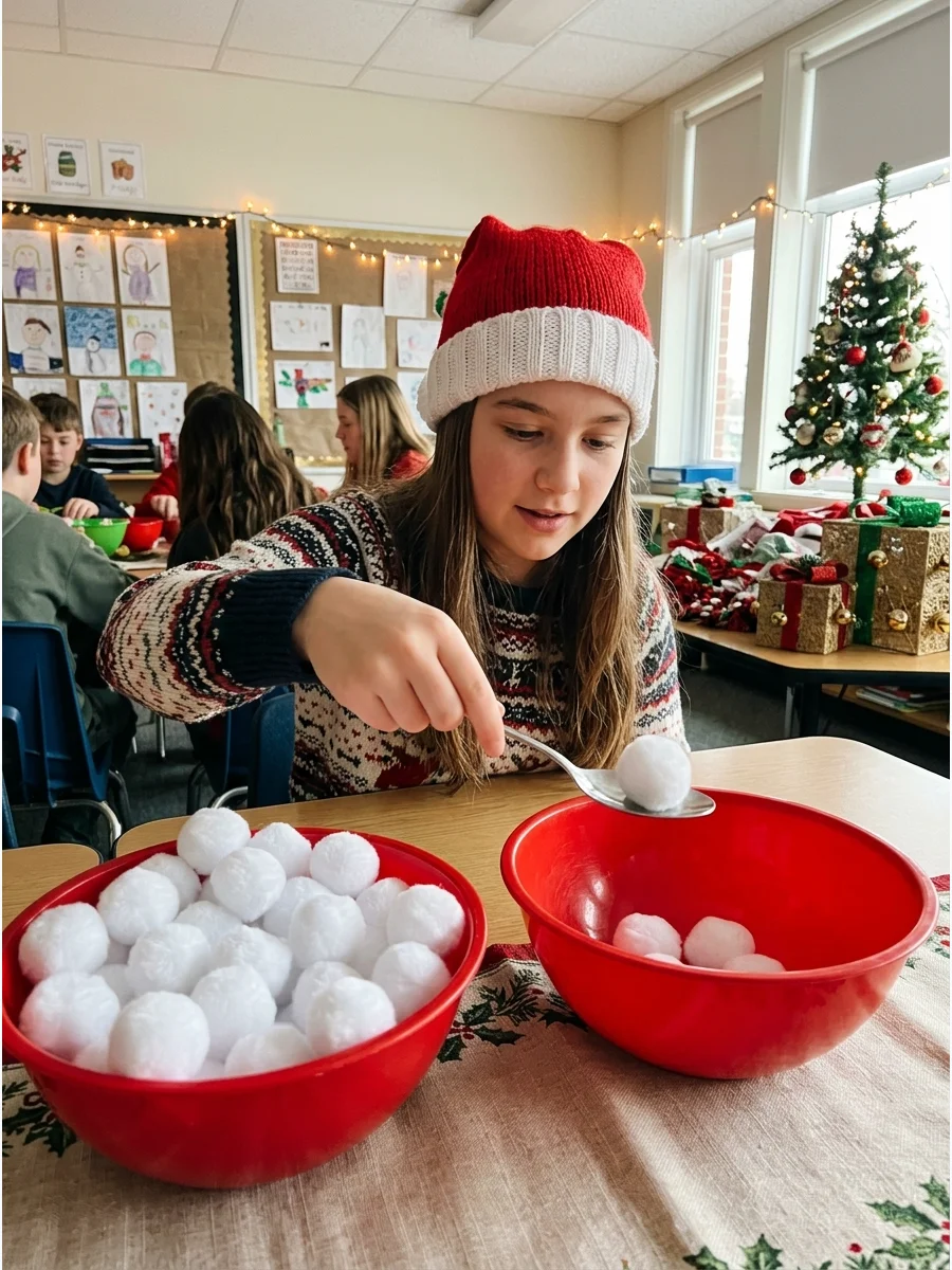 A person using a spoon to transfer white pom-poms from one bowl to another.
