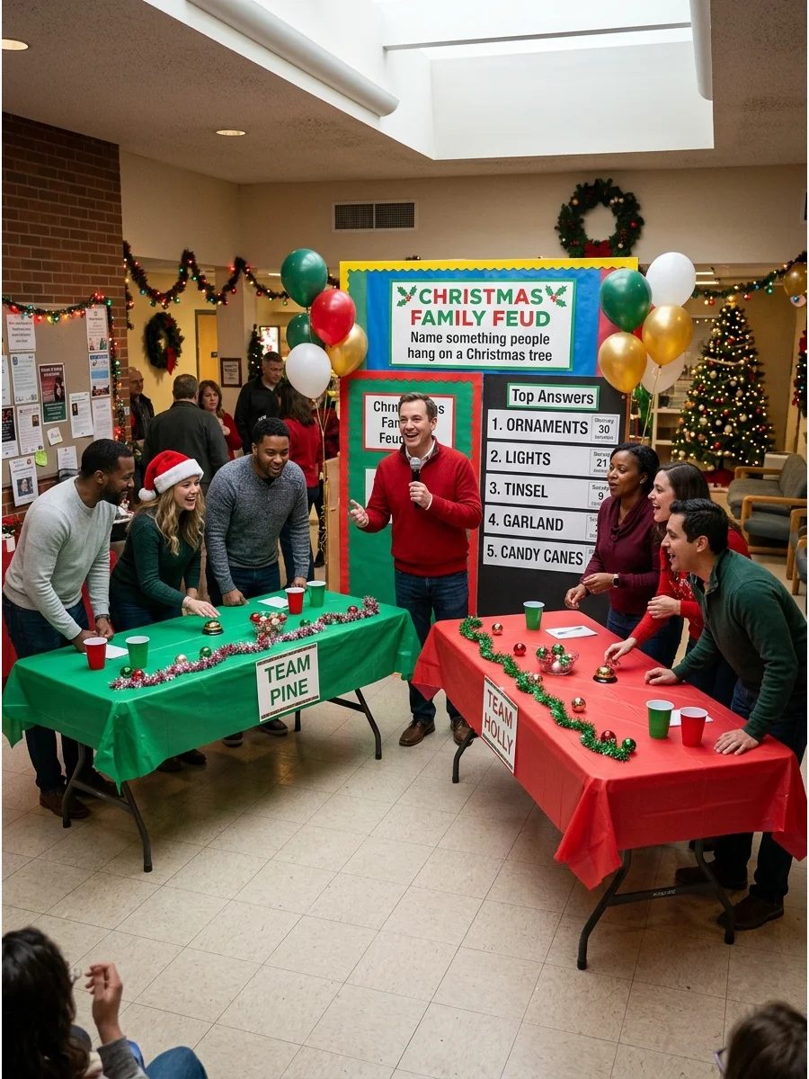Teams competing in a holiday game show at a community center.