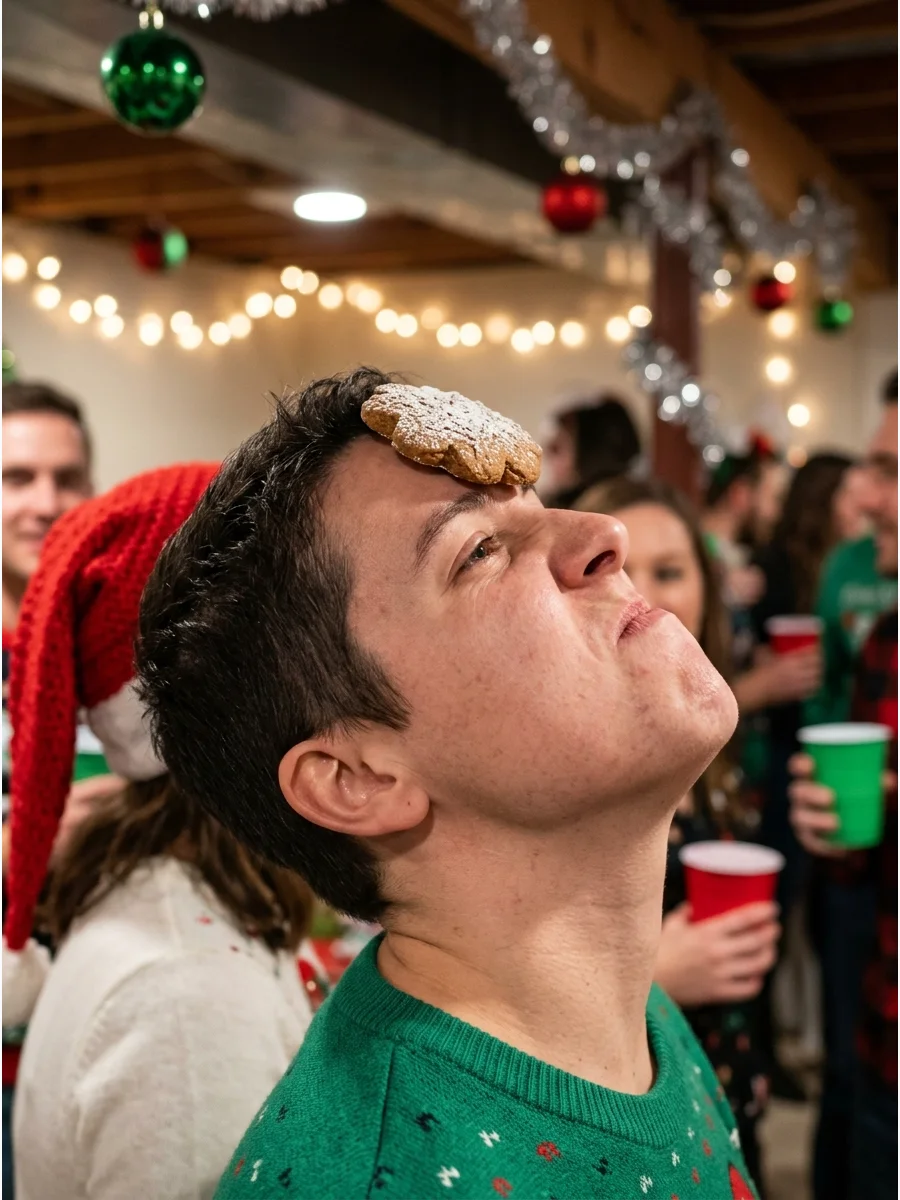 A person tilting their head back with a cookie resting on their forehead.