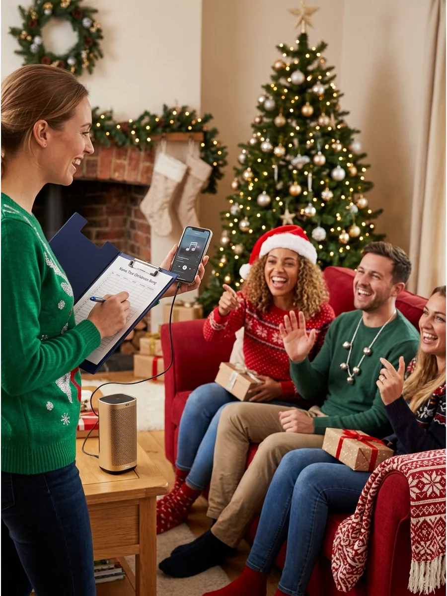 A host holding a phone near a gold speaker in a festive living room.