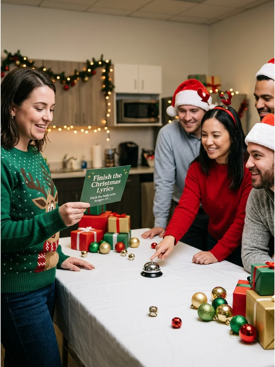 Coworkers playing a lyric game in an office breakroom with a silver bell.