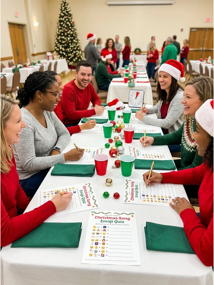 A festive banquet table setting with emoji quiz sheets and gold pens.