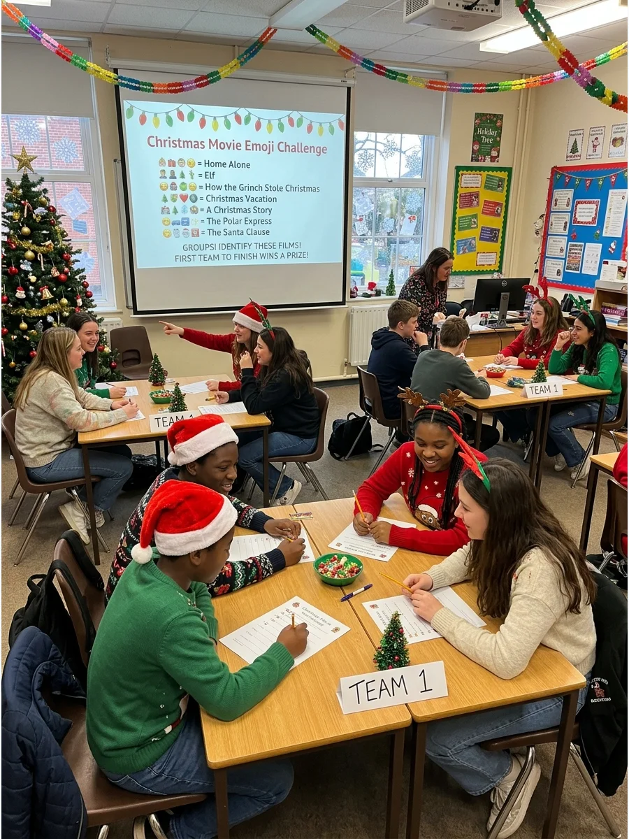 A classroom setting showing a projector screen with emoji movie clues.