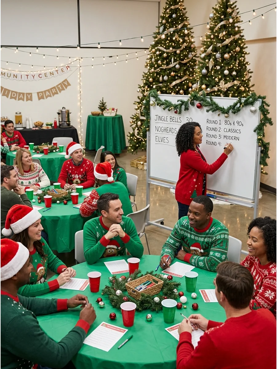 Teams playing trivia in a community center with a decorated whiteboard.