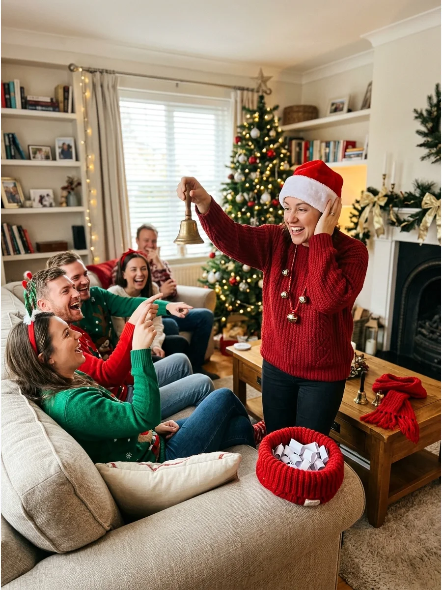 A guest playing charades in a decorated living room with friends.