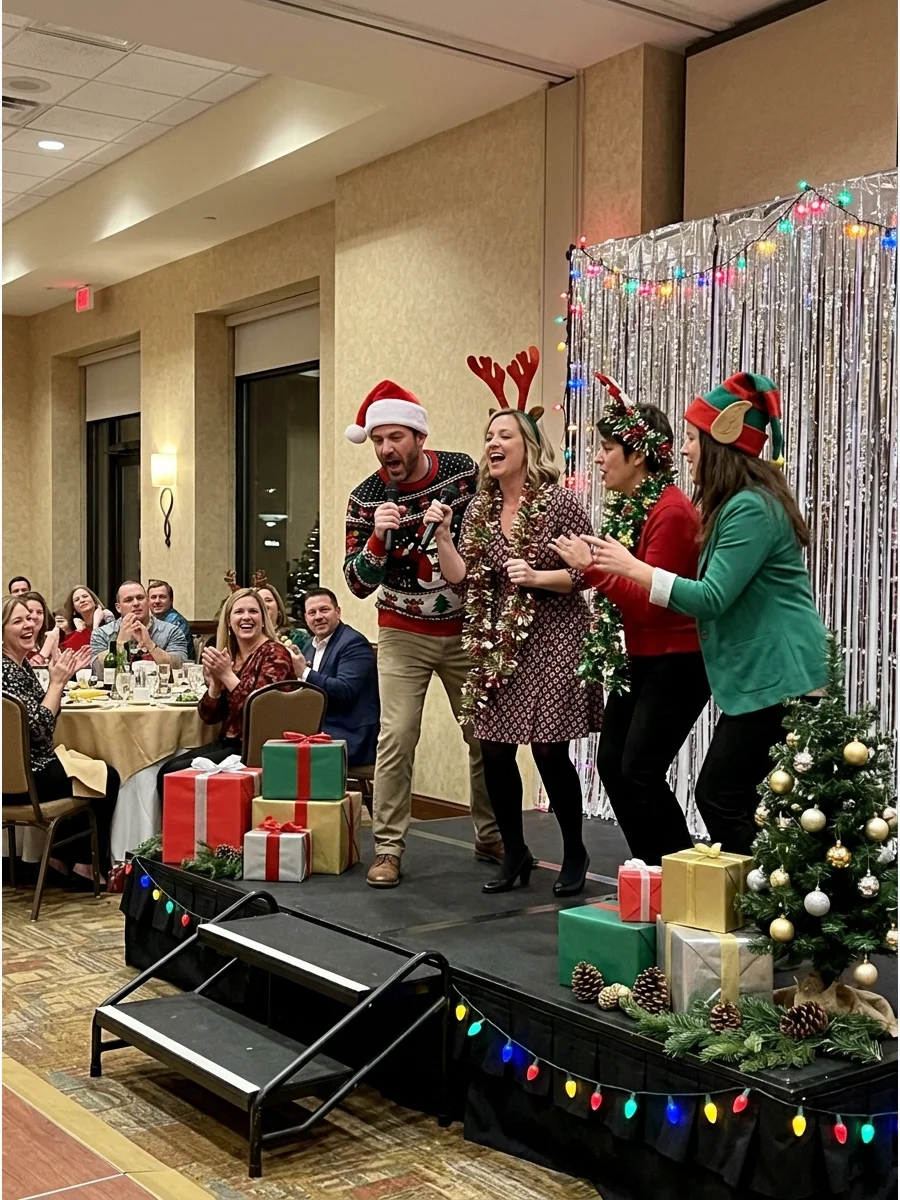 A group performing a lip-sync battle on a stage with silver tinsel.