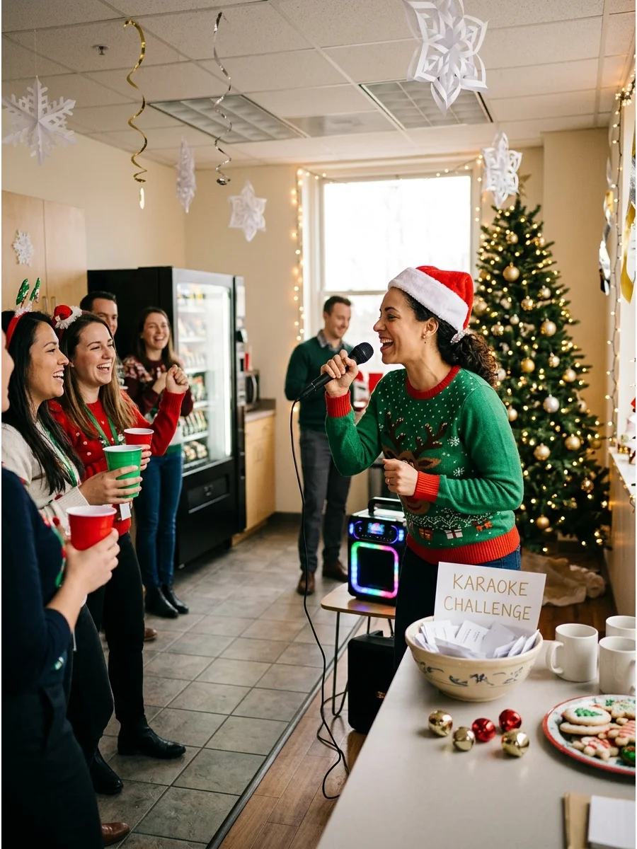 An office karaoke setup with a microphone and festive wall decorations.