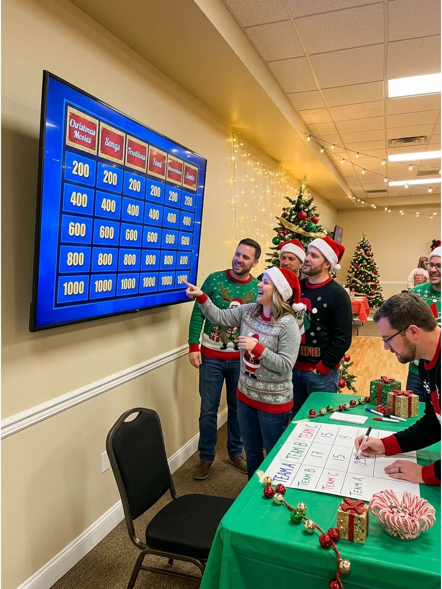 A digital game board displayed on a screen in a large hall.
