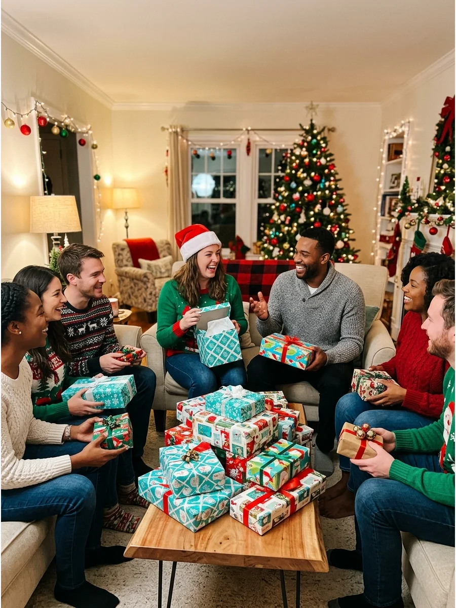 Friends sitting in a circle around wrapped Christmas gifts in a living room.