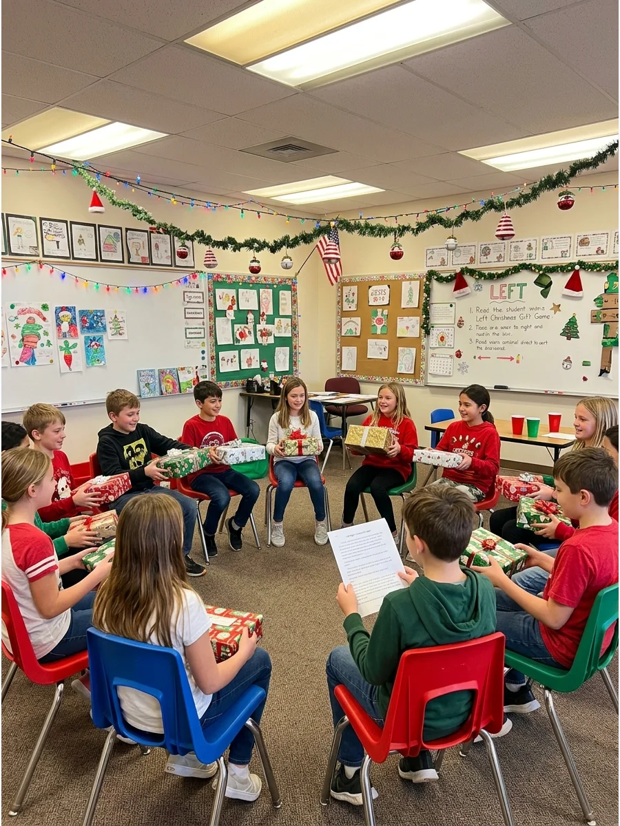 Students in a classroom passing Christmas gifts in a circle.