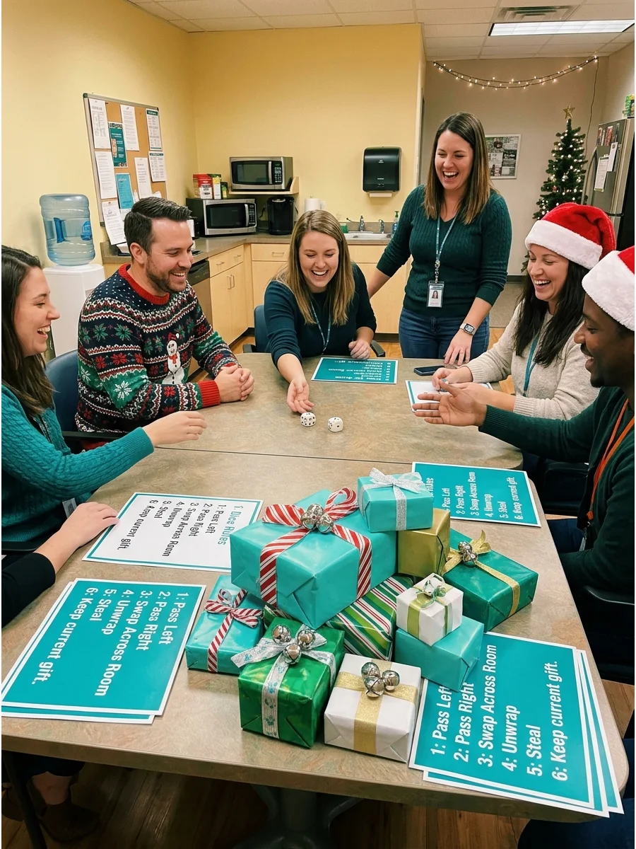 Coworkers playing a dice game with Christmas gifts in an office breakroom.