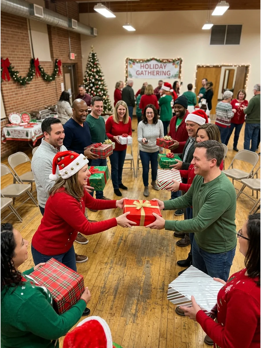 Large group passing a gift in a circle at a community center event.