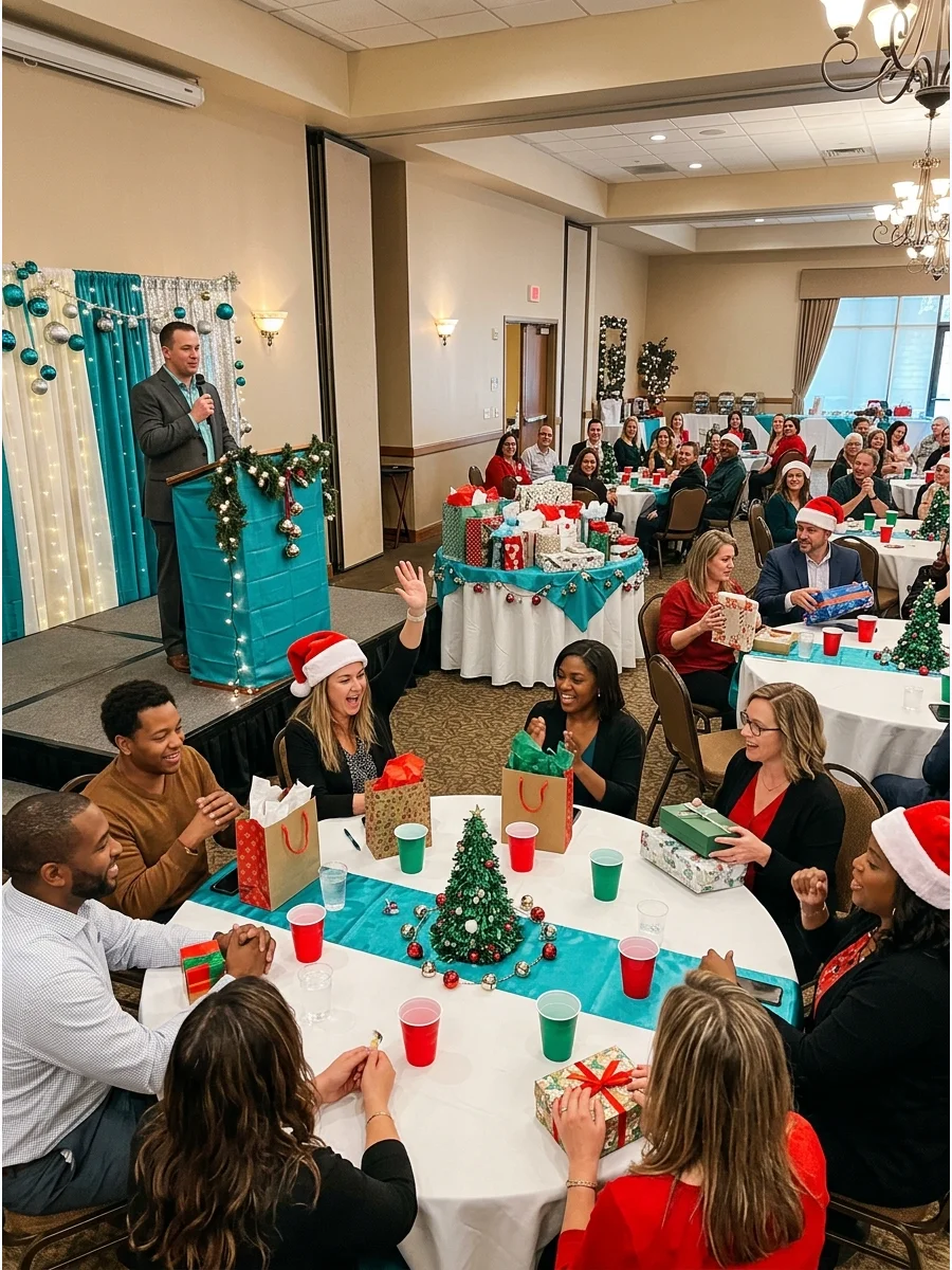 Host at a podium leading a trivia game in a large banquet hall.