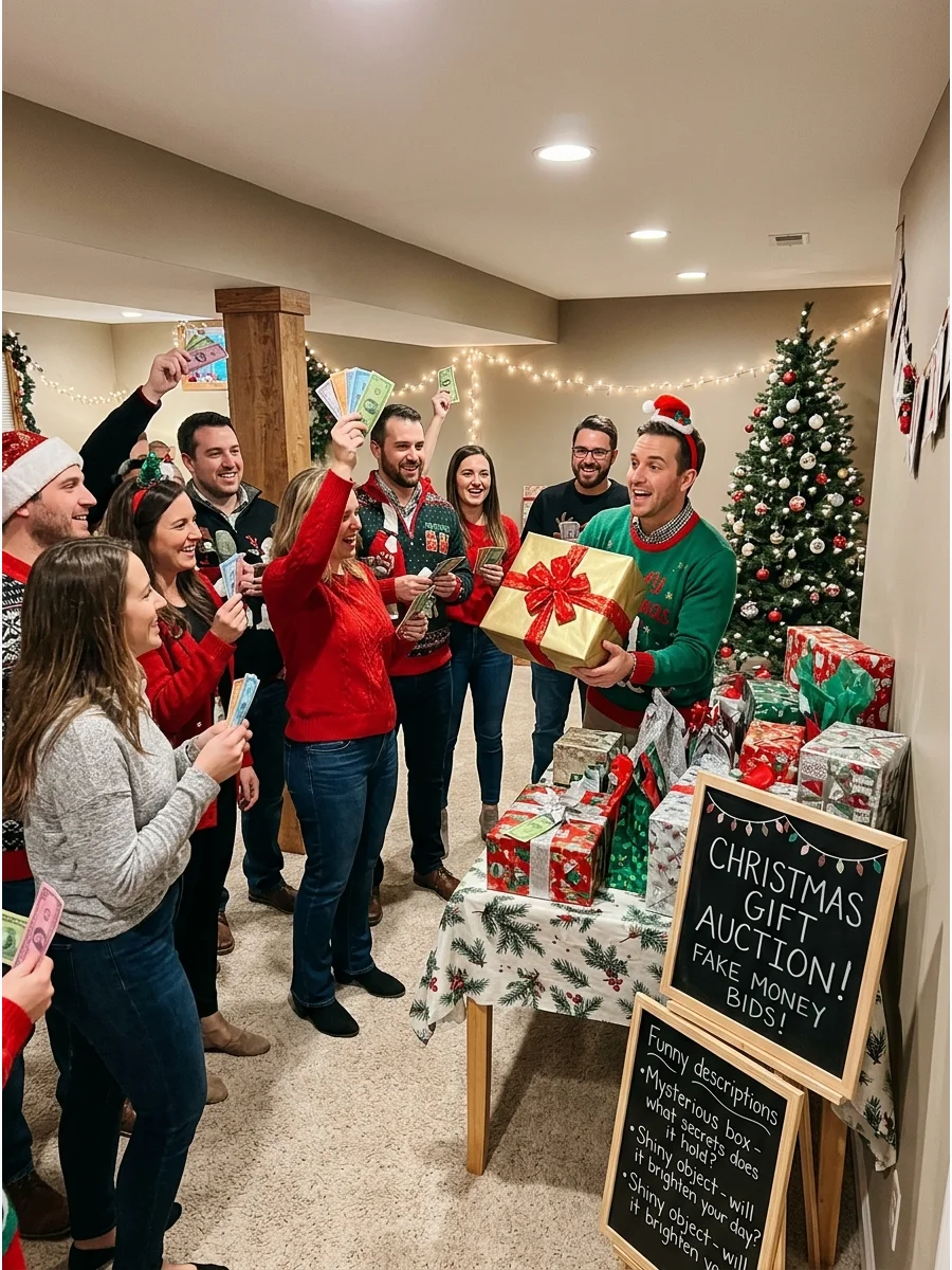 People bidding on a Christmas gift during a basement party auction.