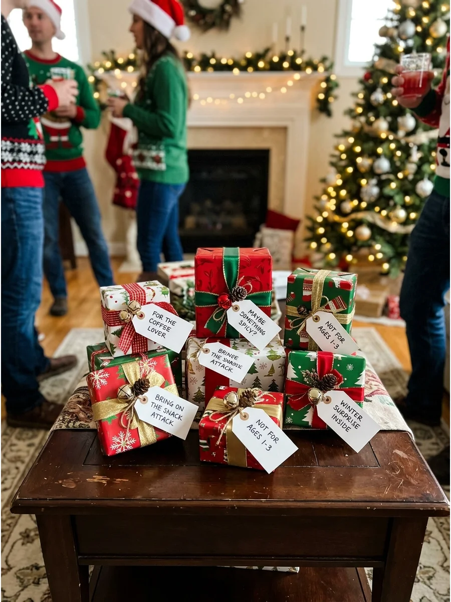 Wrapped Christmas gifts with handwritten clue tags on a wooden table.