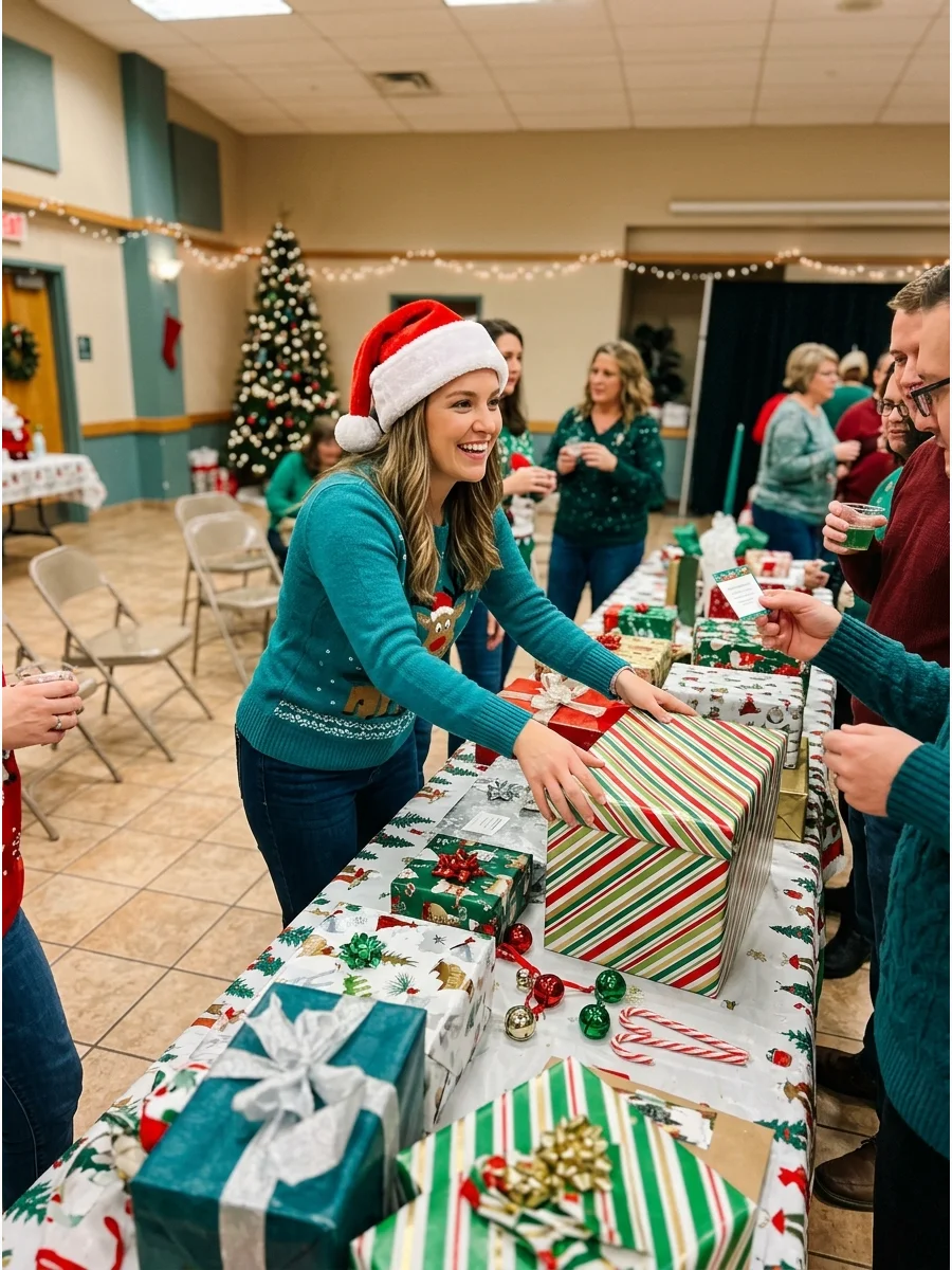 Woman participating in a holiday challenge at a community center.