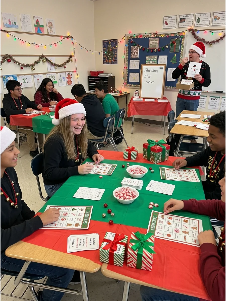 Children playing Christmas bingo in a decorated classroom.
